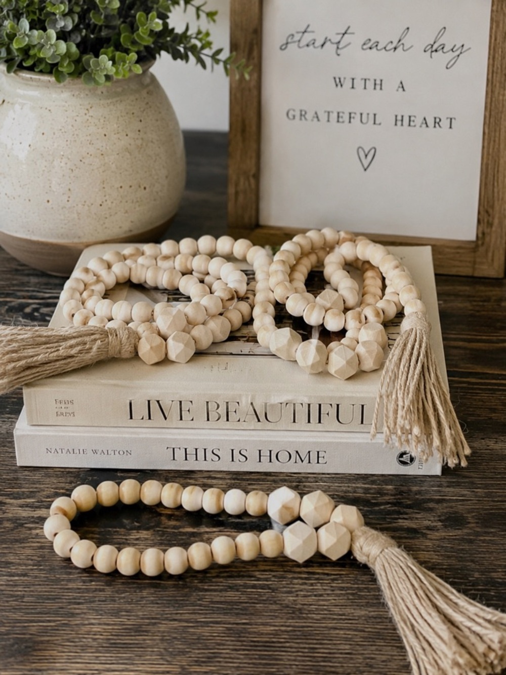 New - Rustic Farmhouse Wood Bead Garland Set of 3 | Neutral Boho Home Decor